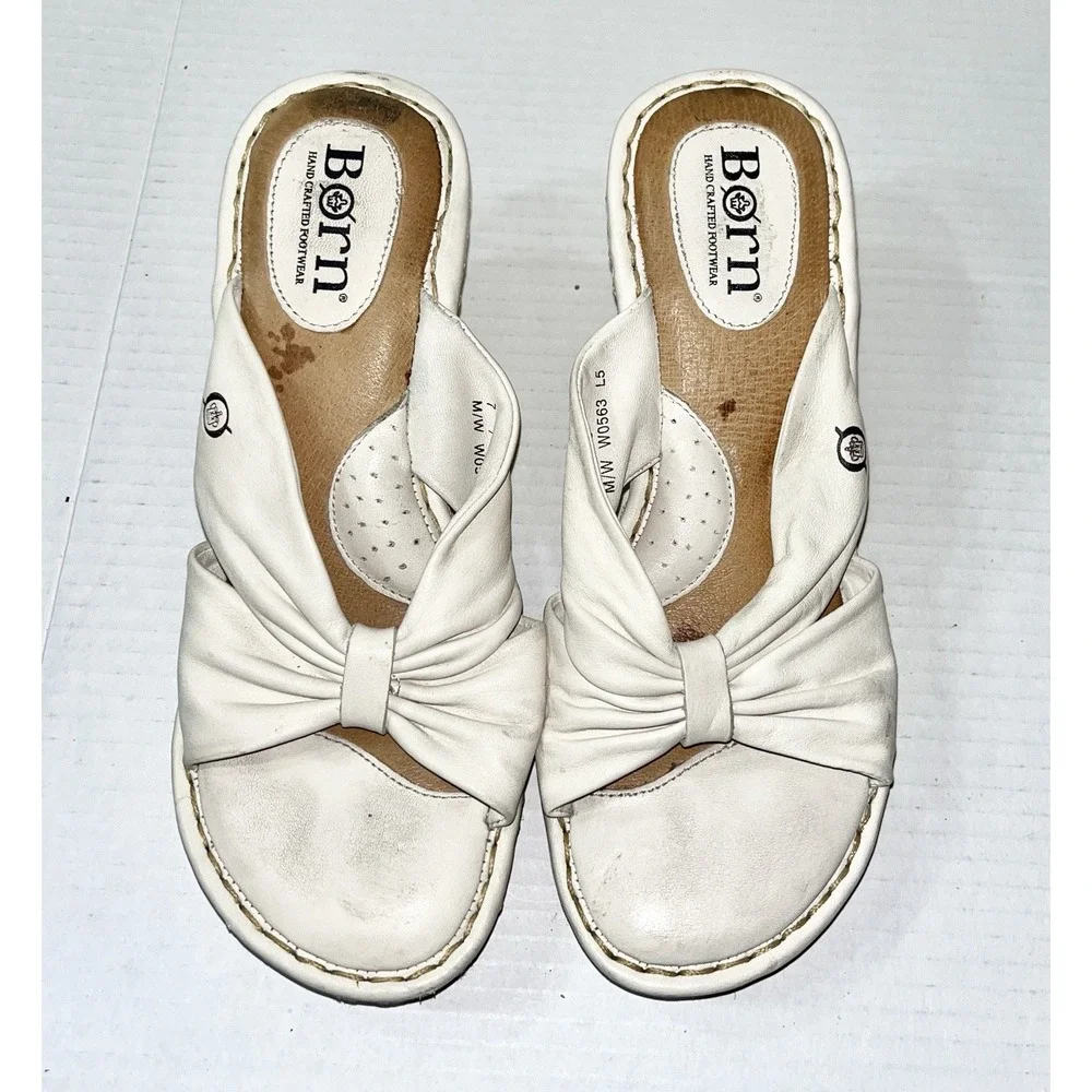 Born‎ Espadrille Wedge Sandals Women's 7 Cream Leather Bow Preppy Yacht W0563